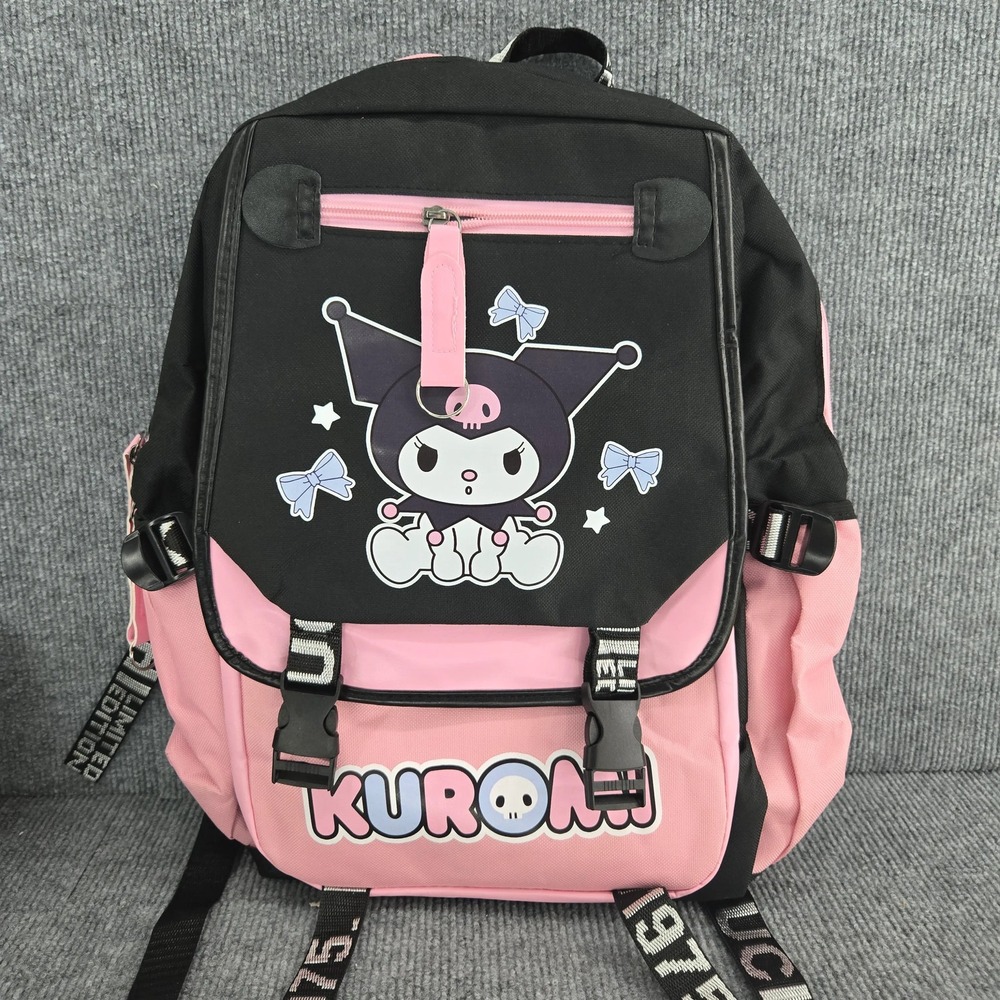 Kuromi Backpack Pink Black Skull School Bag 17" w/Pouch Pom Keychain